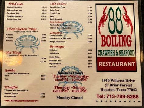 88 boiling menu - Sep 18, 2023 ... They offer a wide variety on their menu including fried seafood items, po boys, steamed oysters, fish and chips and more! The restaurant has a ...